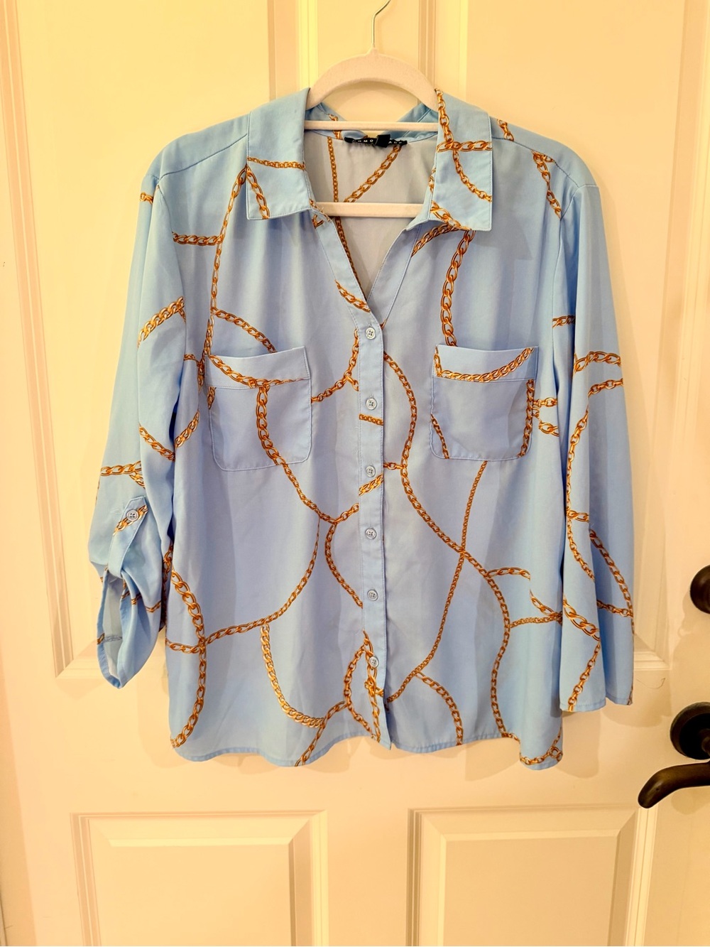 Comp Black Light Blue Chain-Print Button-Up Blouse